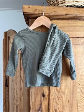 H&M | Ribbed Long-Sleeve Kids Top and Pants in Olive Green